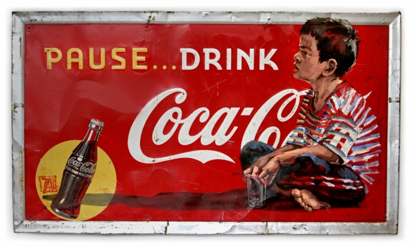 Boy on Vintage 1930's Coca-Cola Sign Original by Ernest Zacharevic